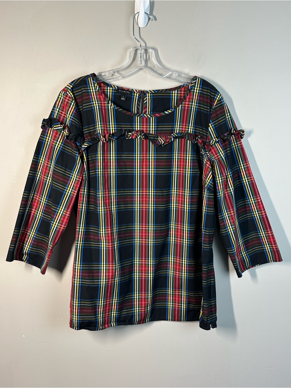 Talbots Tartan Plaid Ruffle Accent Multicolored Top Size L Holiday Xmas Preppy
